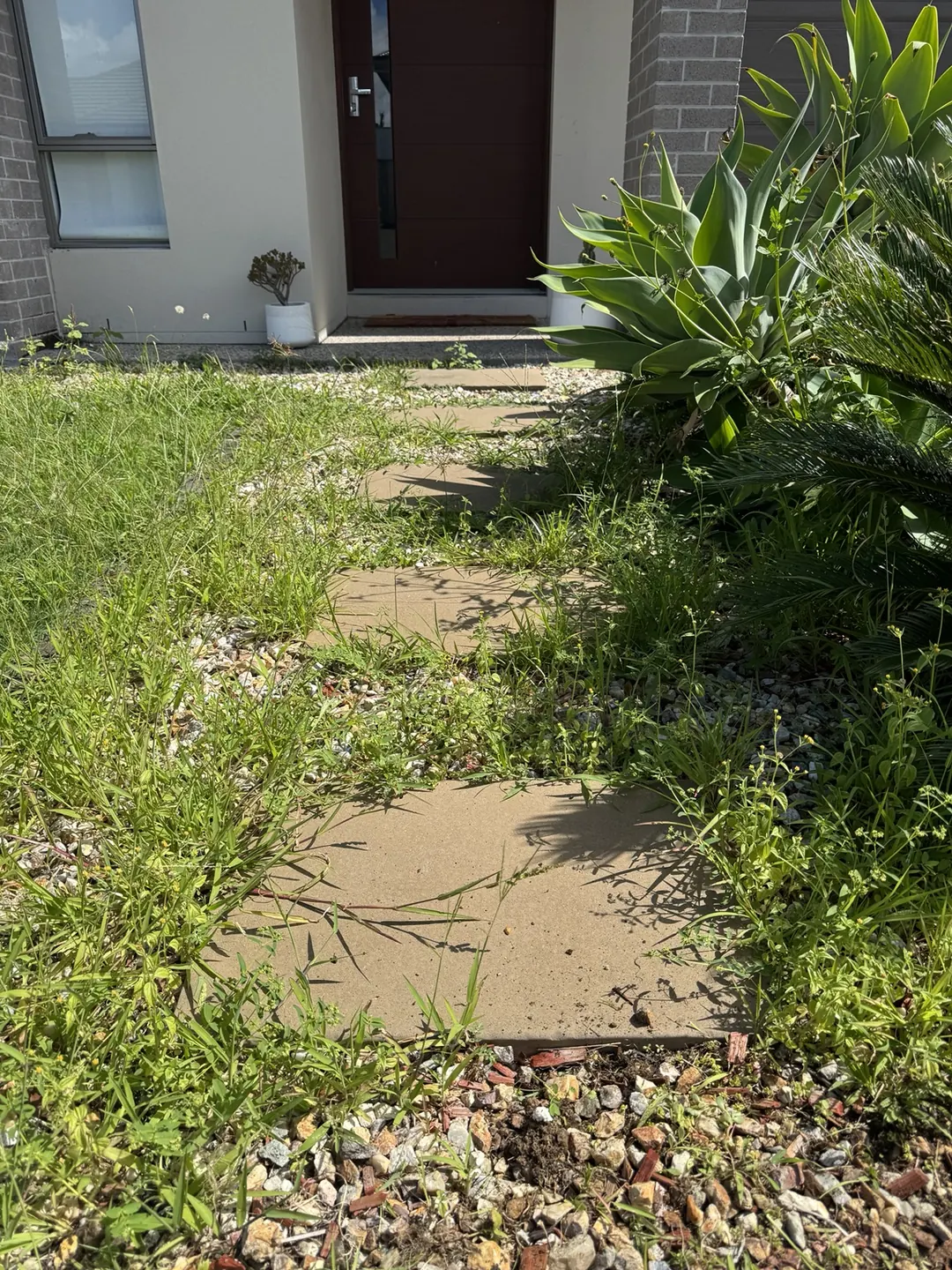 Before — front entrance weed removal by Greenstone Outdoor Solutions